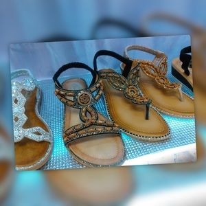 1 Left! Italina BOHO Beaded Open Toe Slingback Low Wedge Padded Slide In Sandal